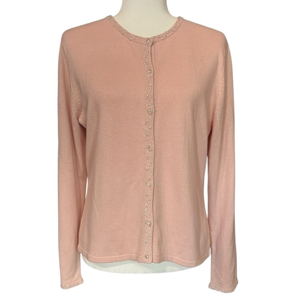 Pendleton Silk Cashmere Cardigan Sweater Baby Pink Beaded Womens Medium